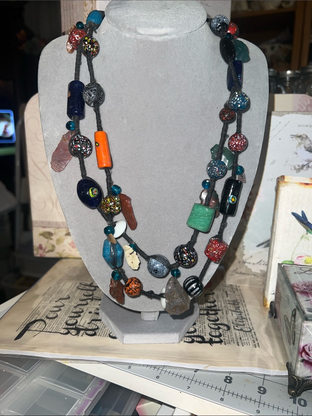 Murano style vintage glass bead and stone necklace